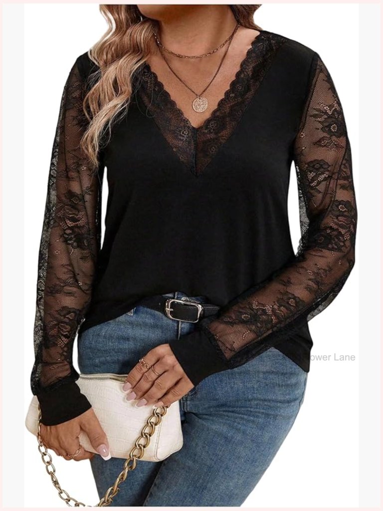 Women's Plus Size Long Sleeve V-Neck Lace Blouse Dressy Casual Top